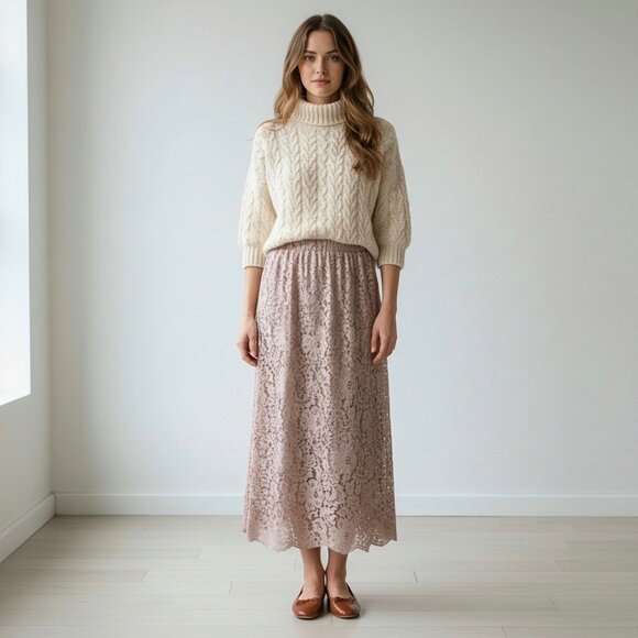 NWT Gold Hawk Flora Lace Midi Skirt Sz L Beige Side Slit Romantic Fairy 90s Y2K - Picture 2 of 10